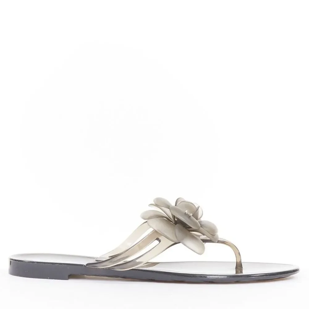 Chanel Grey Clear Camellia Rubber Jelly Sandals